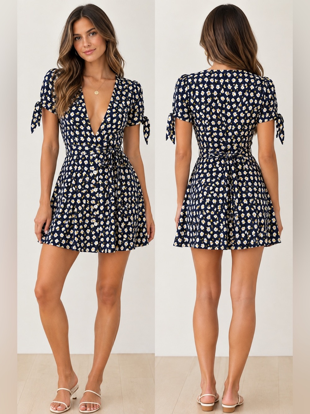 Faithfull the Brand Navy Floral Mini Dress Size 2 XS Button Front Tie Waist
